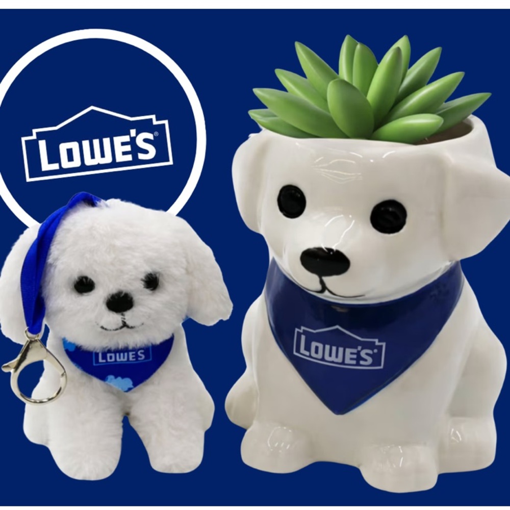 Ceramic Puppy Planter and Plushie Puppy Keychain, White & Blue, New condition